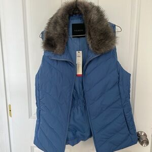 Talbots Light Blue Puffer Vest with Faux Fur Trim